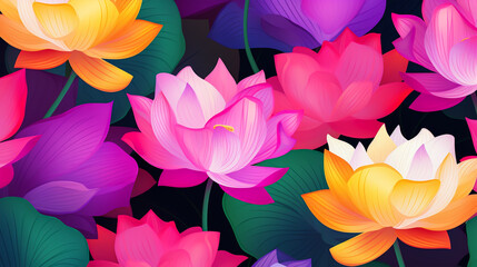 nature textured lotus flowers seamless patter, vivid color background, flat minimalist vector illustrations