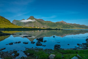 Wall Mural - Stunning fjord lansdcapes along the coast of the island of Flakstad, Lofoten Islands, Nordxland, Norway