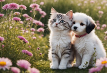 Cute And Adorable Little Fluffy Cat And Dog On Meadow. Generative AI