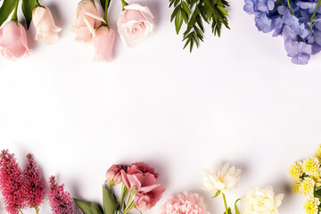 Wall Mural - White background with a row of flowers at the top and bottom. Blank space for product placement or advertising text.