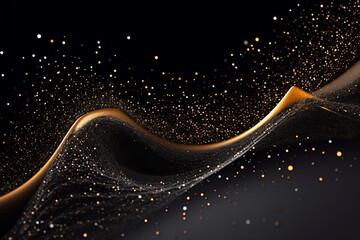 Abstract luxury shiny golden wave design element on black background. The golden color of a transparent smoky wave