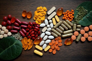 Poster - A collection of different pills and capsules spread out on a table. Ideal for illustrating medical, healthcare, or pharmaceutical concepts.