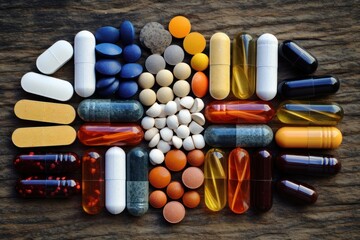 Poster - A collection of different pills and capsules arranged on a wooden surface. This image can be used to depict pharmaceuticals, healthcare, medicine, or medical concepts.