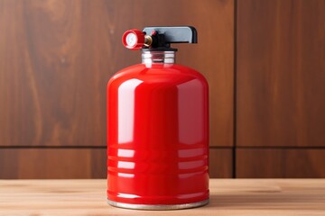 Aufkleber - A red fire extinguisher placed on a wooden table. This versatile image can be used to illustrate fire safety, emergency preparedness, or workplace safety.