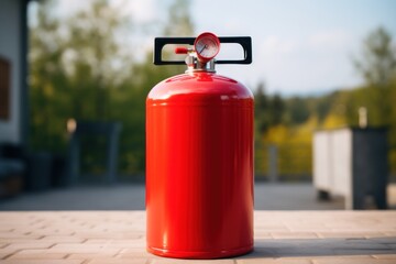 Aufkleber - A red fire extinguisher is placed on a patio, ready to be used in case of an emergency. This image can be used to illustrate fire safety precautions in outdoor settings.