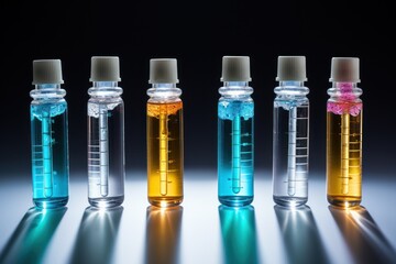 Poster - A picture showing a row of different colored liquids. This image can be used to represent a variety of concepts and can be applied in various creative projects.