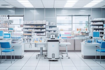 Wall Mural - A picture of a spacious lab with numerous shelves and chairs. Ideal for illustrating scientific research, laboratory experiments, or educational materials.