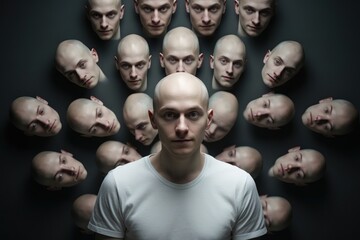 Poster - A man standing confidently in front of a group of bald heads. This image can be used to represent leadership, individuality, or a unique perspective.
