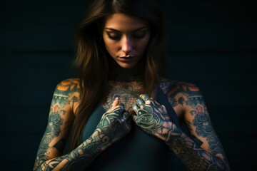 Poster - A picture of a woman with tattoos on her arms. This image can be used to showcase body art or as a representation of individuality and self-expression.
