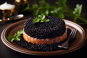 Poster - A plate topped with black cavia next to a fork. Ideal for food blogs, restaurant menus, or gourmet cooking websites.
