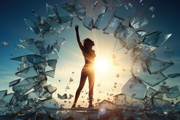 Poster - A woman standing on top of a pile of broken glass. This image can be used to represent strength, resilience, overcoming obstacles, or taking risks.