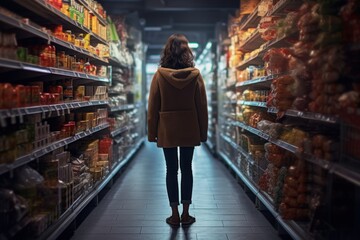 Poster - A woman standing in a grocery store aisle. This image can be used to depict grocery shopping, healthy eating, or retail consumerism.