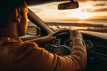 Poster - A man is seen driving a car on the beach at sunset. This image can be used to depict a leisurely beach drive or the freedom of a road trip by the coast.