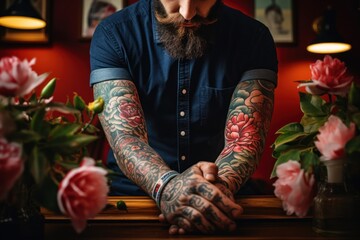 Poster - A man with tattoos on his arms is sitting at a table. This image can be used to depict creativity, individuality, or a casual lifestyle. It can also be used in themes related to tattoos, body art, or 