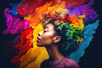 Poster - A woman with vibrant rainbow colored afro hair. This eye-catching image can be used to celebrate diversity, self-expression, and individuality in various creative projects.