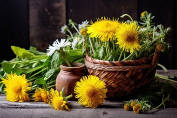 Aufkleber - A basket filled with yellow flowers sits next to a vase. This image can be used to add a touch of brightness and beauty to any space.