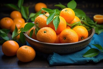 Aufkleber - A bowl filled with oranges sitting on top of a blue cloth. Can be used for food and nutrition-related designs.