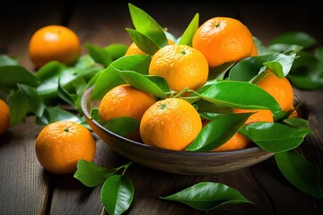 Poster - A simple yet vibrant image of a bowl filled with oranges, accompanied by their leaves, placed on a rustic wooden table. This picture can be used to add a touch of freshness and natural beauty to vario