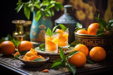 Poster - A glass topped table showcasing a vibrant display of fresh oranges. Ideal for food and beverage concepts.