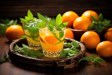 Poster - A wooden tray holding two glasses of refreshing orange juice. Perfect for breakfast or a summer drink.