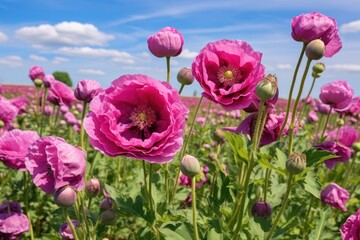 Poster - A beautiful field of pink flowers with a stunning blue sky in the background. Perfect for adding a touch of nature's beauty to any project.