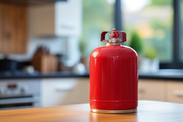 Canvas Print - A red fire extinguisher placed on top of a sturdy wooden table. This versatile image can be used to illustrate fire safety measures and emergency preparedness.