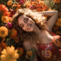  A woman lies down in a field of colorful flowers