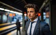 © piai - Handsome young businessman standing in subway with the back looking over the shoulder. Generative AI