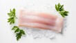Fish fillet. Fresh sea cod fish fillet on ice on white background top view. Horizontal banner poster. Food texture photo AI generated