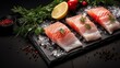 Fish fillet. Two sea cod fish fillet on ice on platform. Horizontal banner poster. Food texture photo AI generated