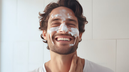 Portrait of a laughing young man smeared face with facial moisturizer cream. Creative concept for men's care cosmetics, copy space. 