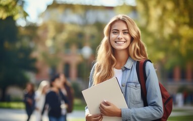 Wall Mural - Beautiful smiling girl university student holding notebooks looking at camera posing for outdoor portrait. Generative AI