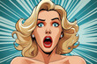 © Sascha - Pop art illustration of a surprised blonde woman, with her mouth and eyes wide open, embodying the classic dramatic announcement style.
