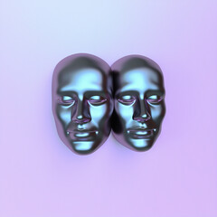 Aufkleber - Surreal 3d illustration of two сonjoined faces on a pink background. Concept of psychological codependency and mental health issues.
