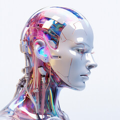 Poster - 3D android artificial human face on white background. Futuristic conceptual illustration of a biomechanoid or robot.