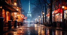 Night Snowy Christmas German City Berlin, New Year Holiday, Blurred Background - AI Generated Image