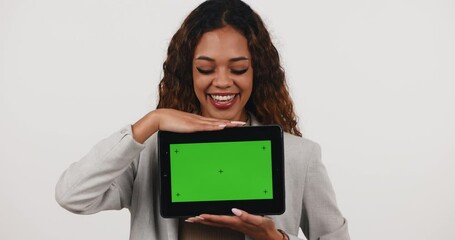 Aufkleber - Green screen, smile and face of woman with tablet in studio with social media, news or guide on white background. Digital, space and portrait of lady model with sign up app, process or application