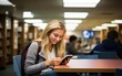 © piai - Teen girl student using mobile phone sitting at desk in university college campus classroom. Generative AI