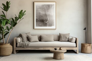 Grey sofa near beige stucco wall and big poster frame on it. Boho, rustic interior design of modern living room.