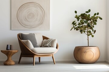 arm chair and wooden side table near white wall with