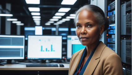 Aufkleber - Senior IT Tech Guru in Server Room, Streamlined Data Center Digitalization, Cloud Computing Power.