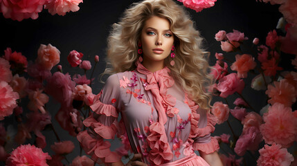 Wall Mural - Fashion studio photo of gorgeous sensual woman with blond hair in luxurious dress posing among flowers