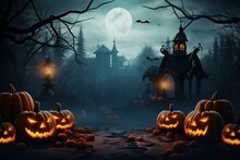 Halloween With Pumpkin Ghosts And A Haunted House With A Moon Background, Very Scary, Generative Ai