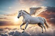 Majestic white Pegasus horse flying high above the clouds. ai generative