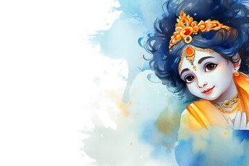 krishna janmashtami white background and empty space for text, watercolor style, generative ai