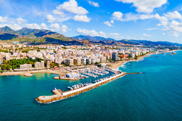 Canvas Print - Marbella city port and beach aerial panoramic view