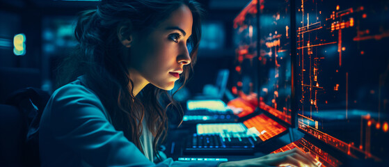 Wall Mural - close up of a woman programmer at work