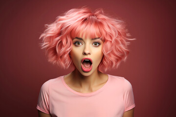 Wall Mural -  Banner of shocked beautiful like doll girl with pink hair and pink lips shocked with open mouth on dark red background. Empty space place for text, copy paste