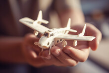 Small White Plane Toy In The Hands Of A Child. Concept Of Children, Children's Games, Happy Childhood