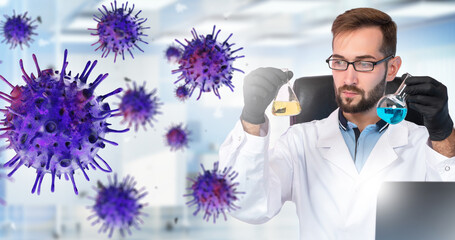 Poster - man virologist. doctor in laboratory. virus molecules. virologist with test tubes. scientist holding